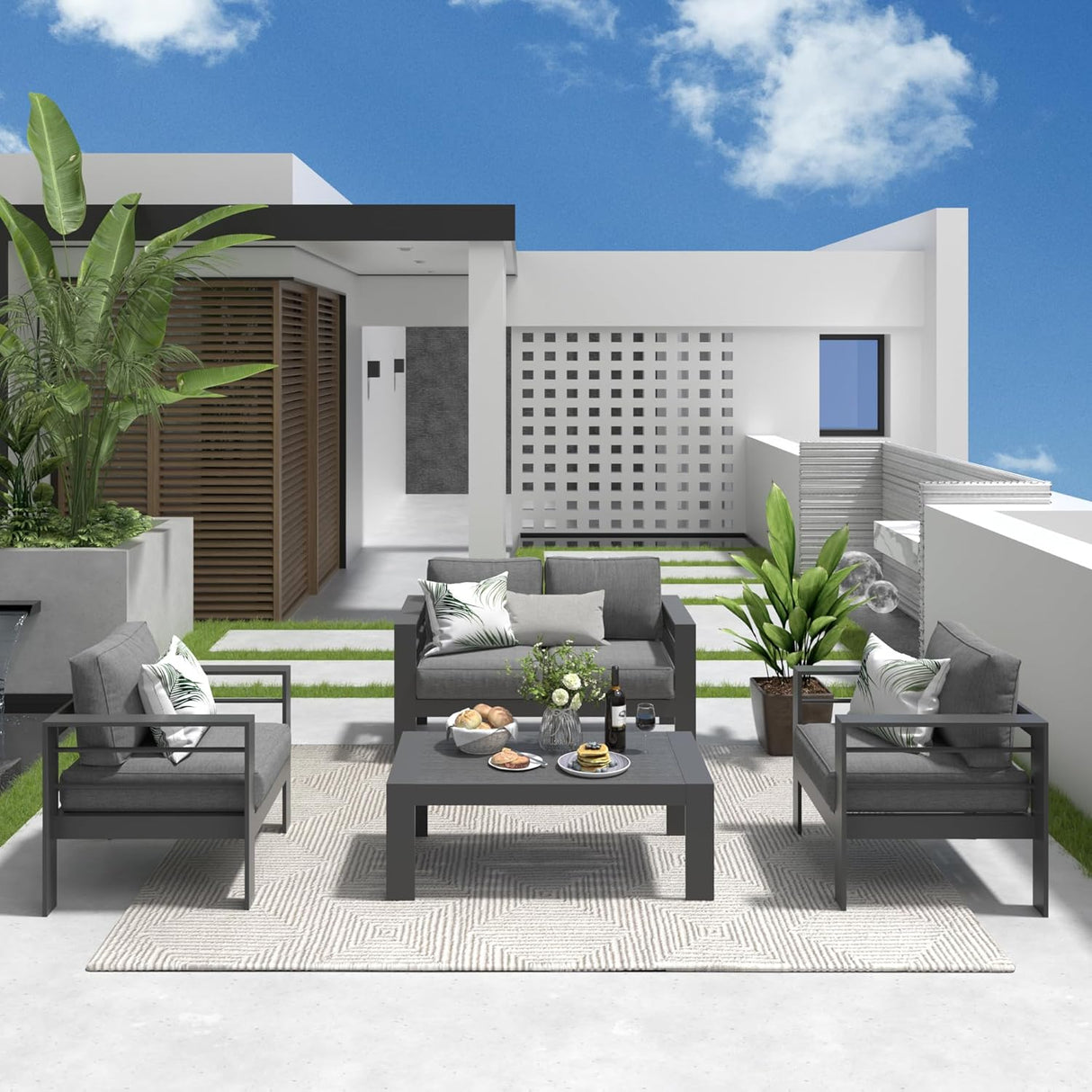 Solaste Juego de muebles de aluminio para exteriores, 4 piezas, sofá seccional de conversación con mesa, color gris