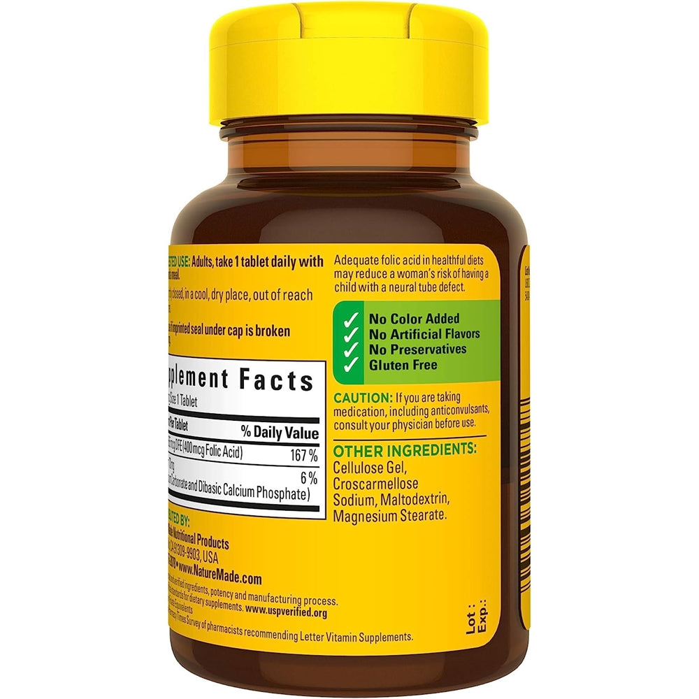 Suplemento Ácido fólico 400 mcg (665 mcg DFE) 250 tabletas