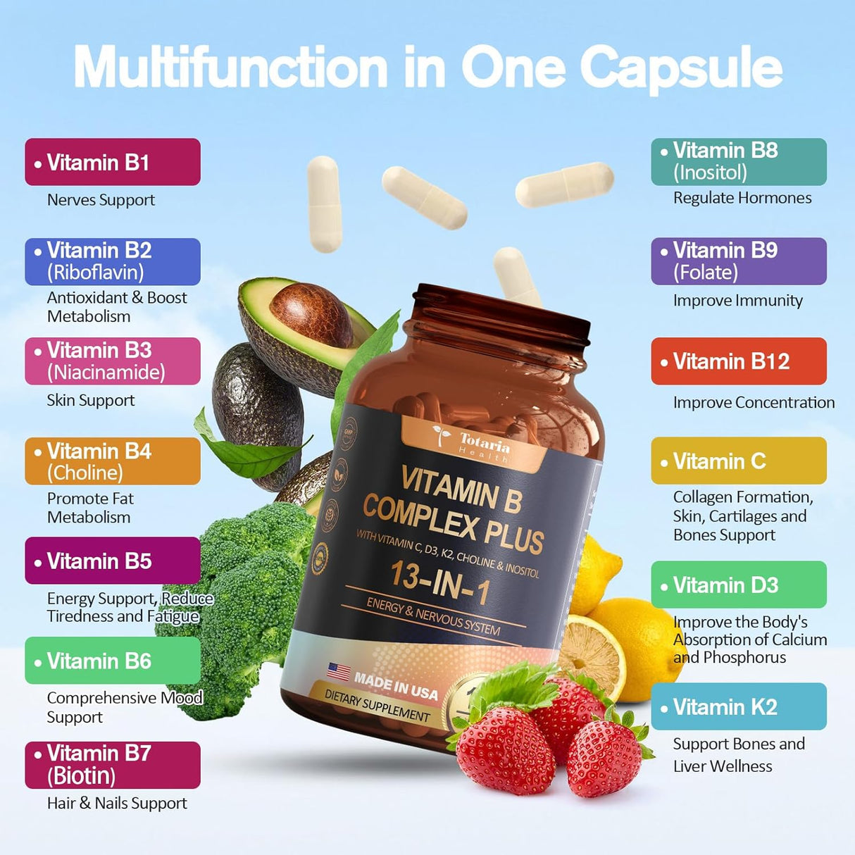 Complejo B 13 en 1 + C, D3, K2 - 120 Cápsulas Veganas