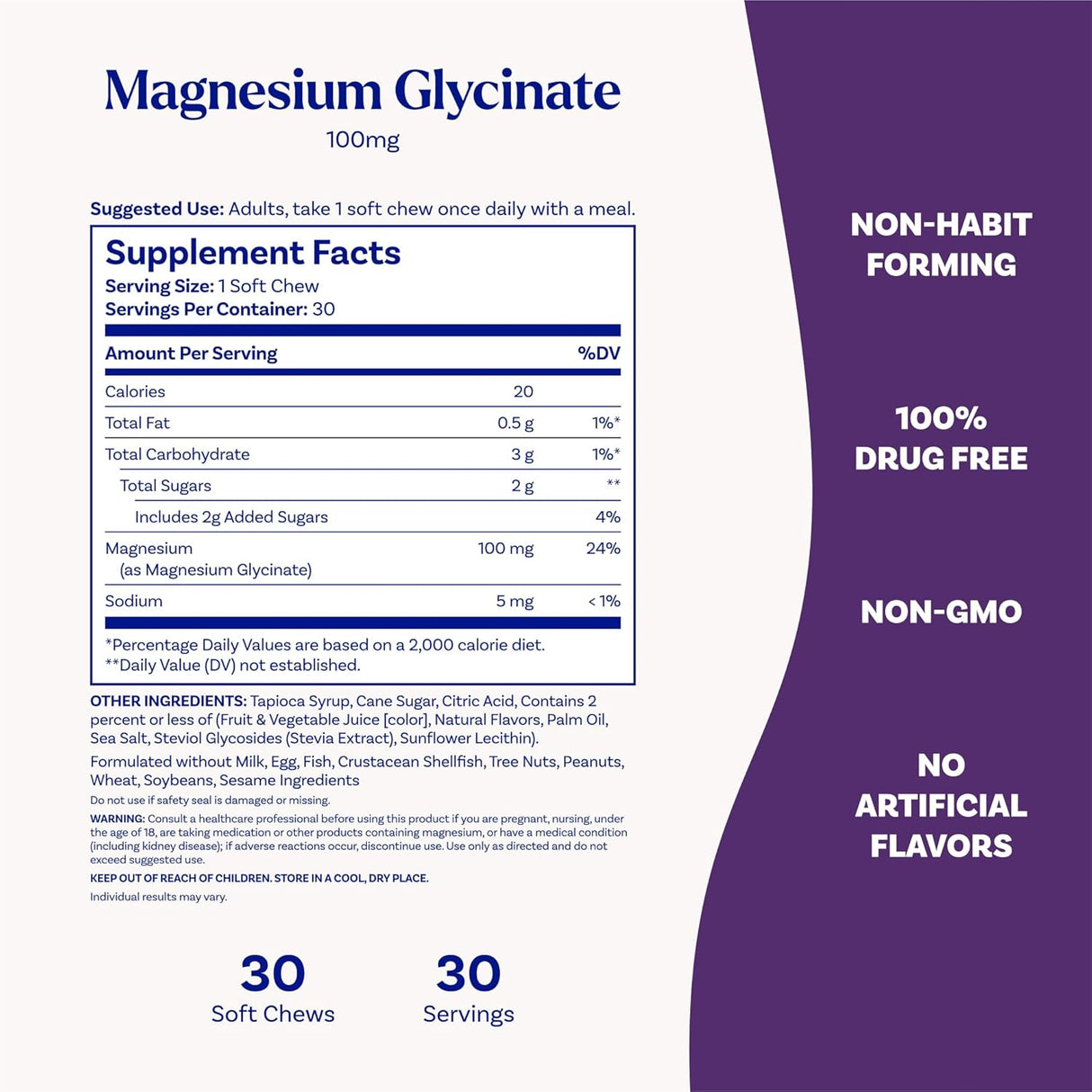 Suplementos de Magnesio Glycinate Natrol 100mg, 30 días