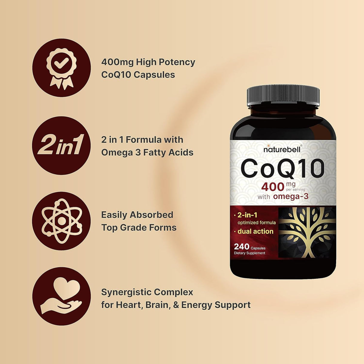 Suplemento CoQ10 400mg NatureBell, Omega 3, 240 Cápsulas