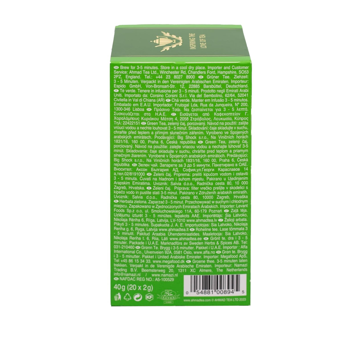 Té Verde Ahmad Té, 20 bolsas, sin azúcar ni cafeína