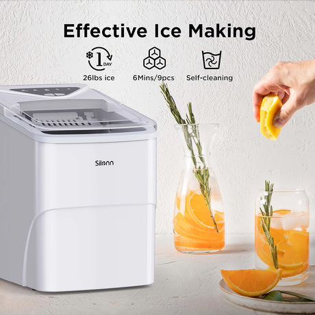 Máquina de Hielo Silonn, 9 Cubos en 6 Min, 26lbs en 24Hrs