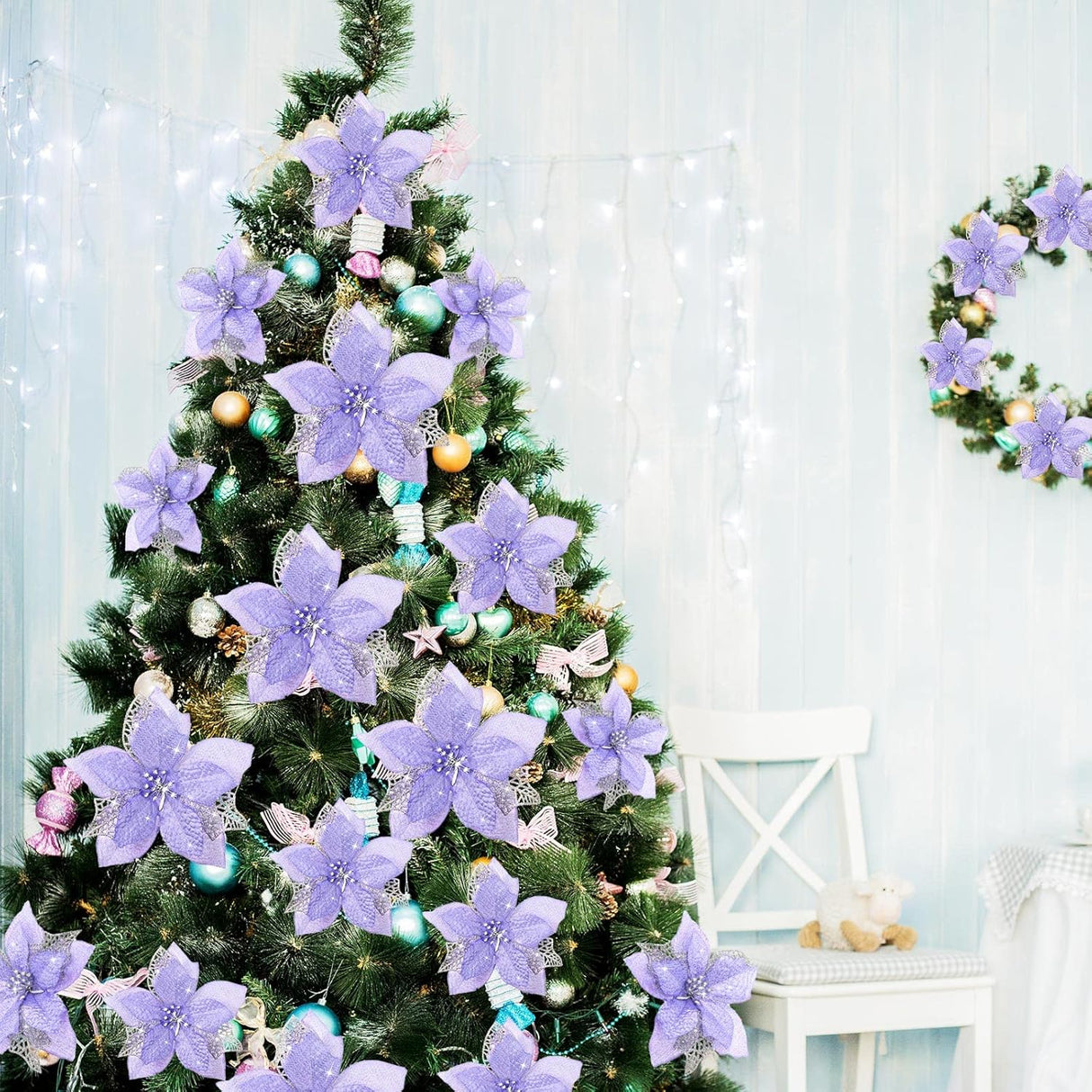 Flores Artificiales Poinsettia Glitter, WILLBOND, 36 Piezas