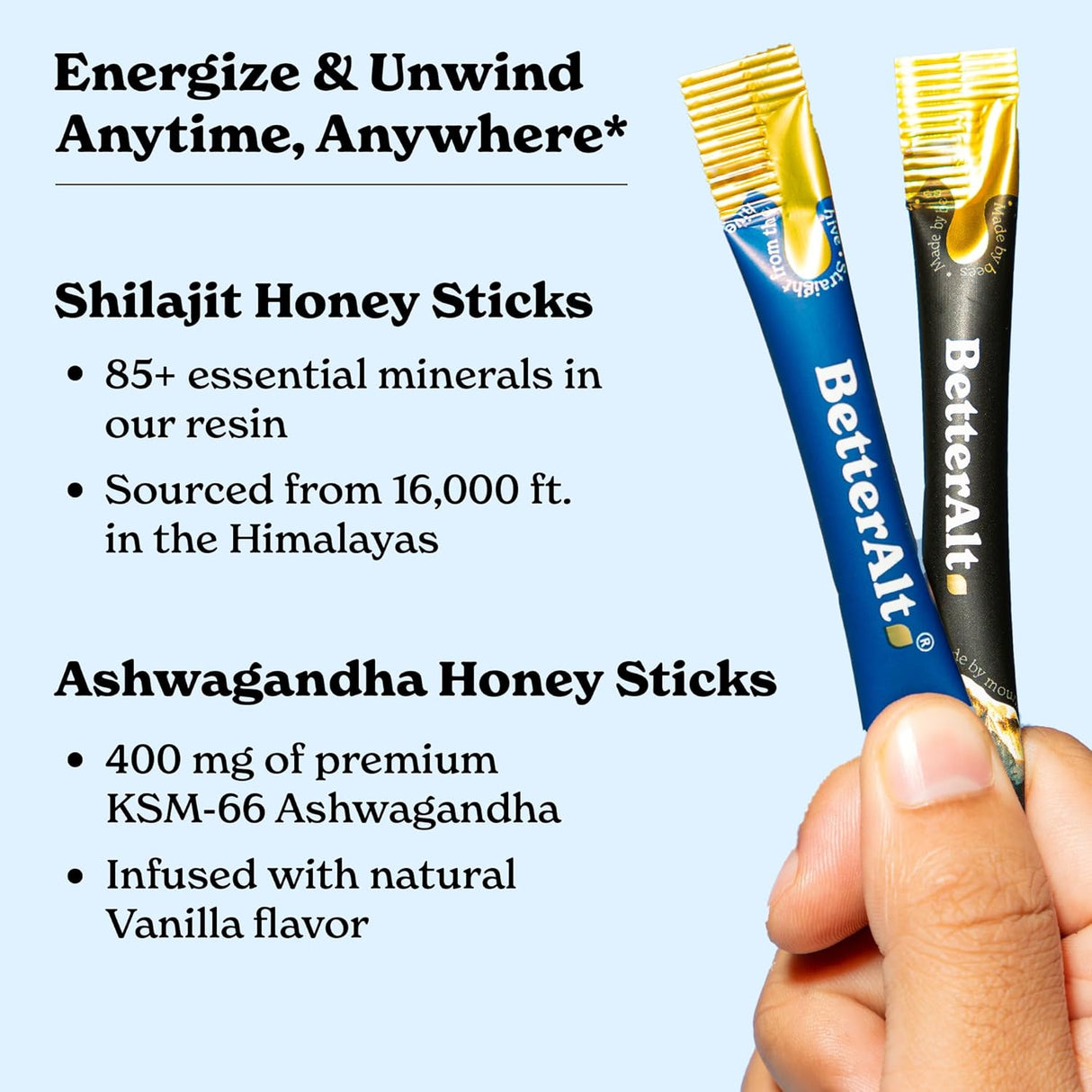 Barra de miel con Ashwagandha y Shilajit, 60 sticks, energía e inmunidad