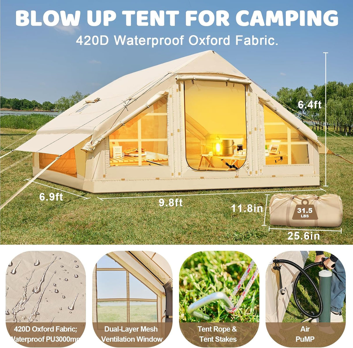 Tienda Inflable para Camping, Tienda Oxford 4-6 Personas, Con Chimenea