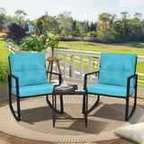 SUNCROWN Juego de 3 piezas de bistró mecedora para exteriores, muebles de mimbre negro, sillas de porche, juegos de conversación con mesa de café de cristal, azul claro