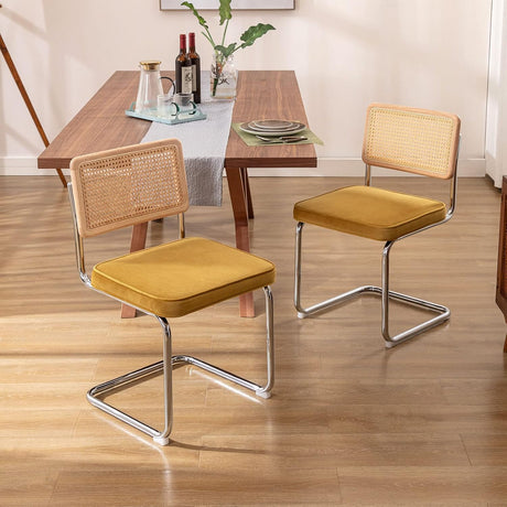 Zesthouse MId Century - Juego de 2 sillas de comedor modernas, sillas decorativas de terciopelo con respaldo de caña natural y base cromada inoxidable, sillas famosas de diseño Breuer, sillas de cocina tapizadas de ratán
