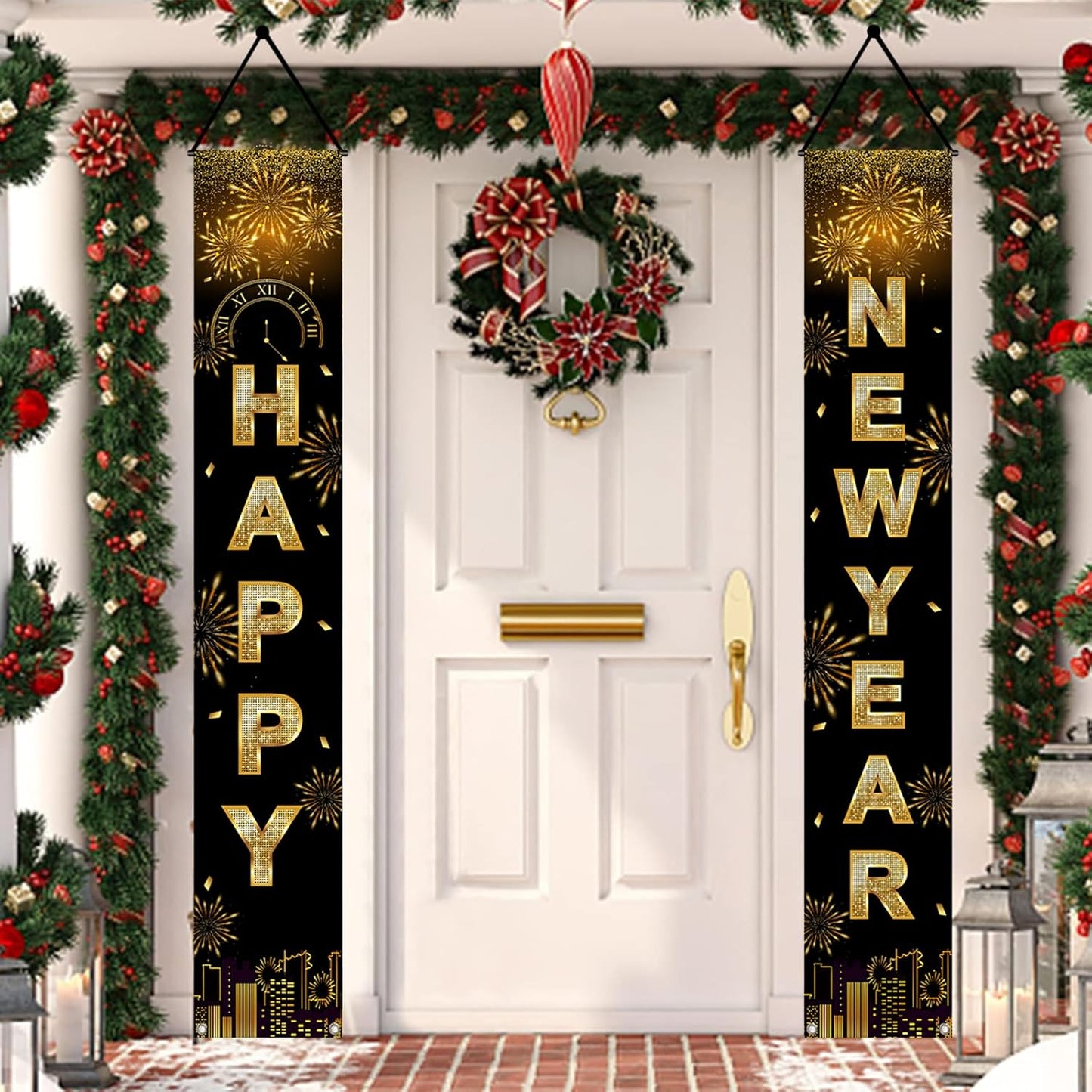 Banderas de Puerta Feliz Año Nuevo - Decoración 71x12 Pulgadas