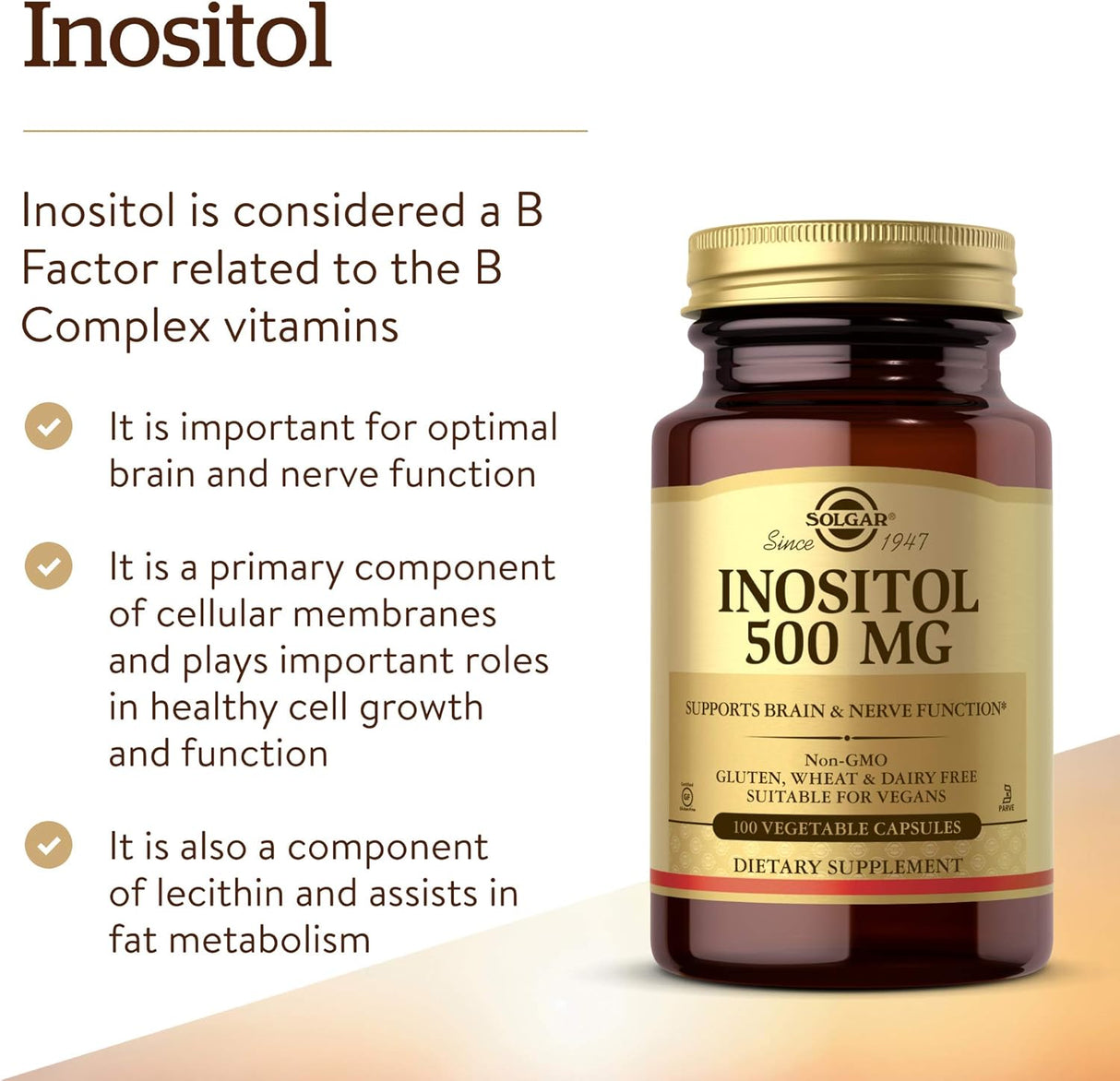 Suplemento Solgar vegetales de inositol 500 mg 100 und