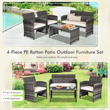 Goplus Juego de muebles de ratán de 4 piezas, sofá de conversación de mimbre para exteriores con cojines resistentes a la intemperie y mesa de vidrio templado para césped, patio, piscina, jardín (beige)