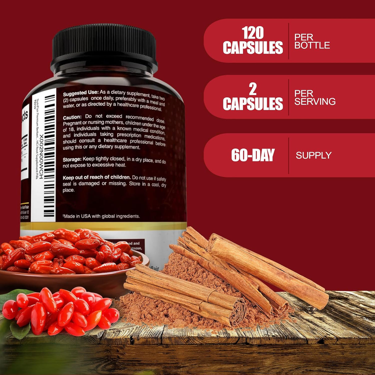 NutriFlair Berberina HCL prémium de 1200 mg, 120 cápsulas