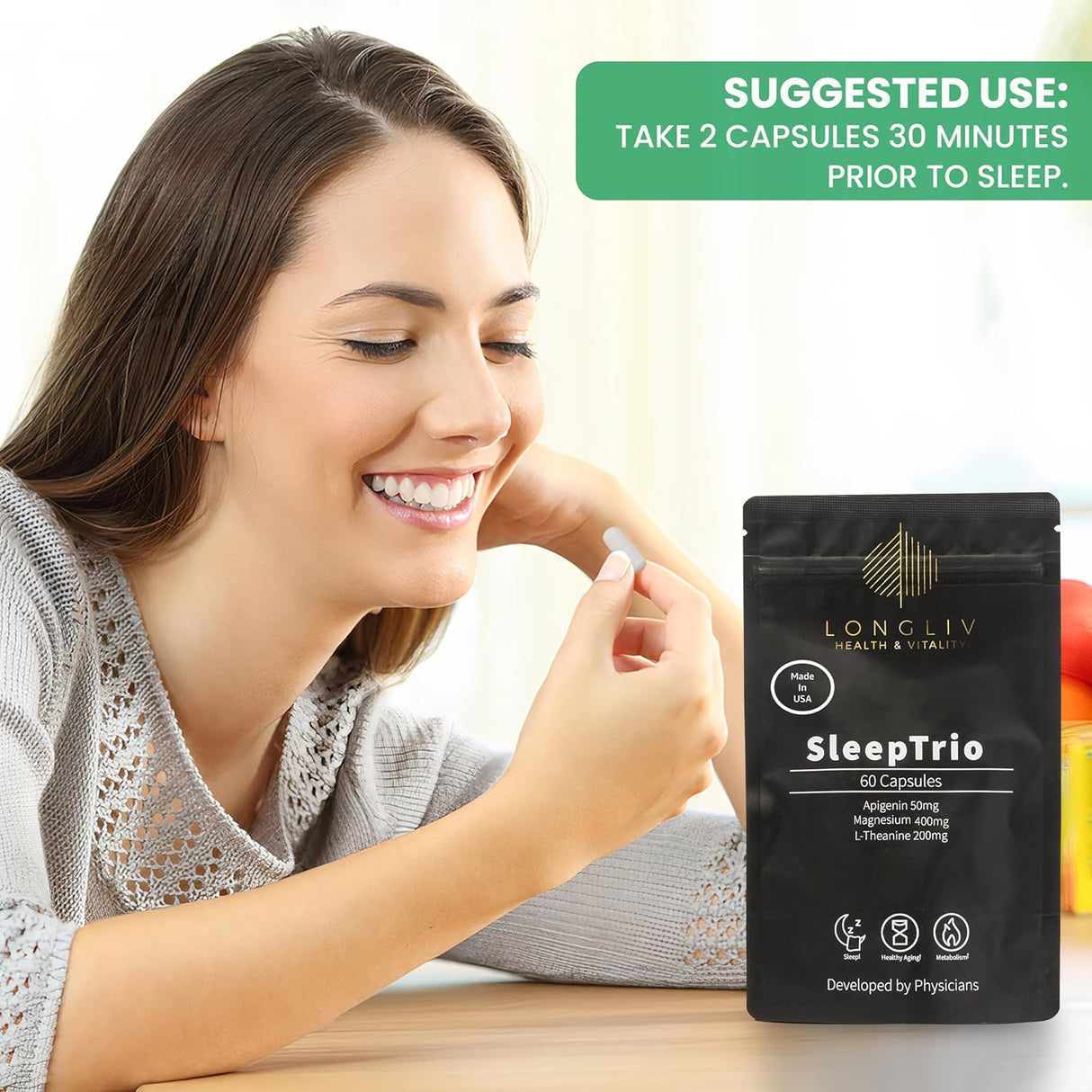 Cápsulas de magnesio y apigenina L-teanina Sleep Trio