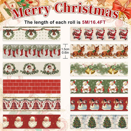 Cinta adhesiva decorativa para regalo de fiesta 12 rollos de cinta washi vintage de Navidad