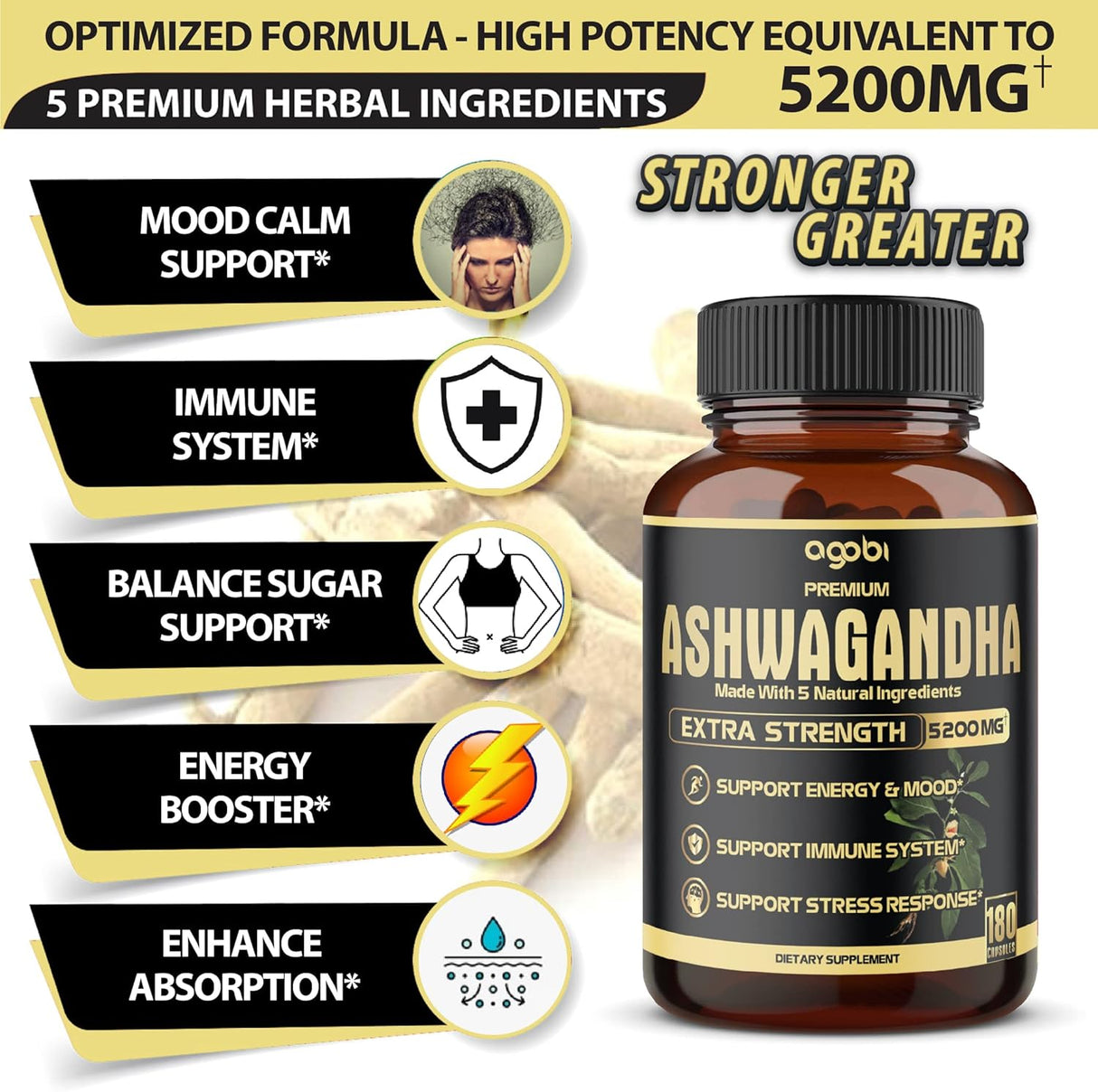 Suplementos Ashwagandha prémium 5 en 1 a 5200 mg en polvo