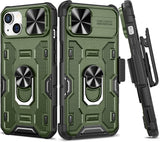 VEGO Funda para iPhone 13 con funda de clip para cinturón, cubierta deslizante para cámara y anillo magnético giratorio de 360°, soporte de grado militar, protección resistente para iPhone 13 de 6.1 pulgadas, color verde oscuro