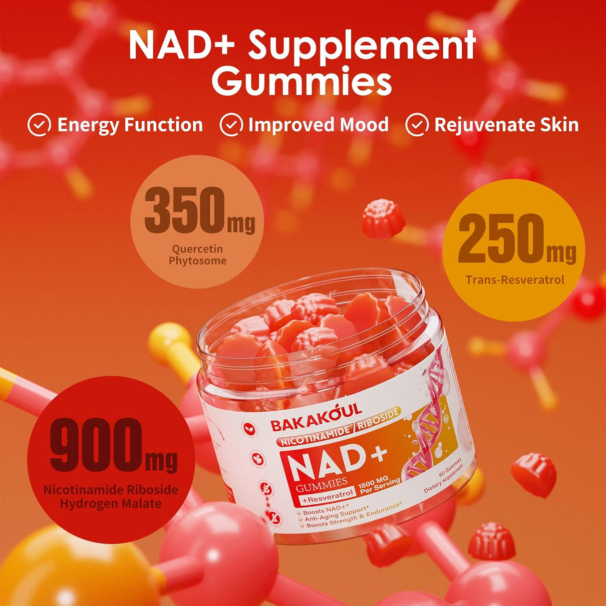 Suplemento NAD Gummies, Nicotinamida Ribósido 900mg, 60 Uds.
