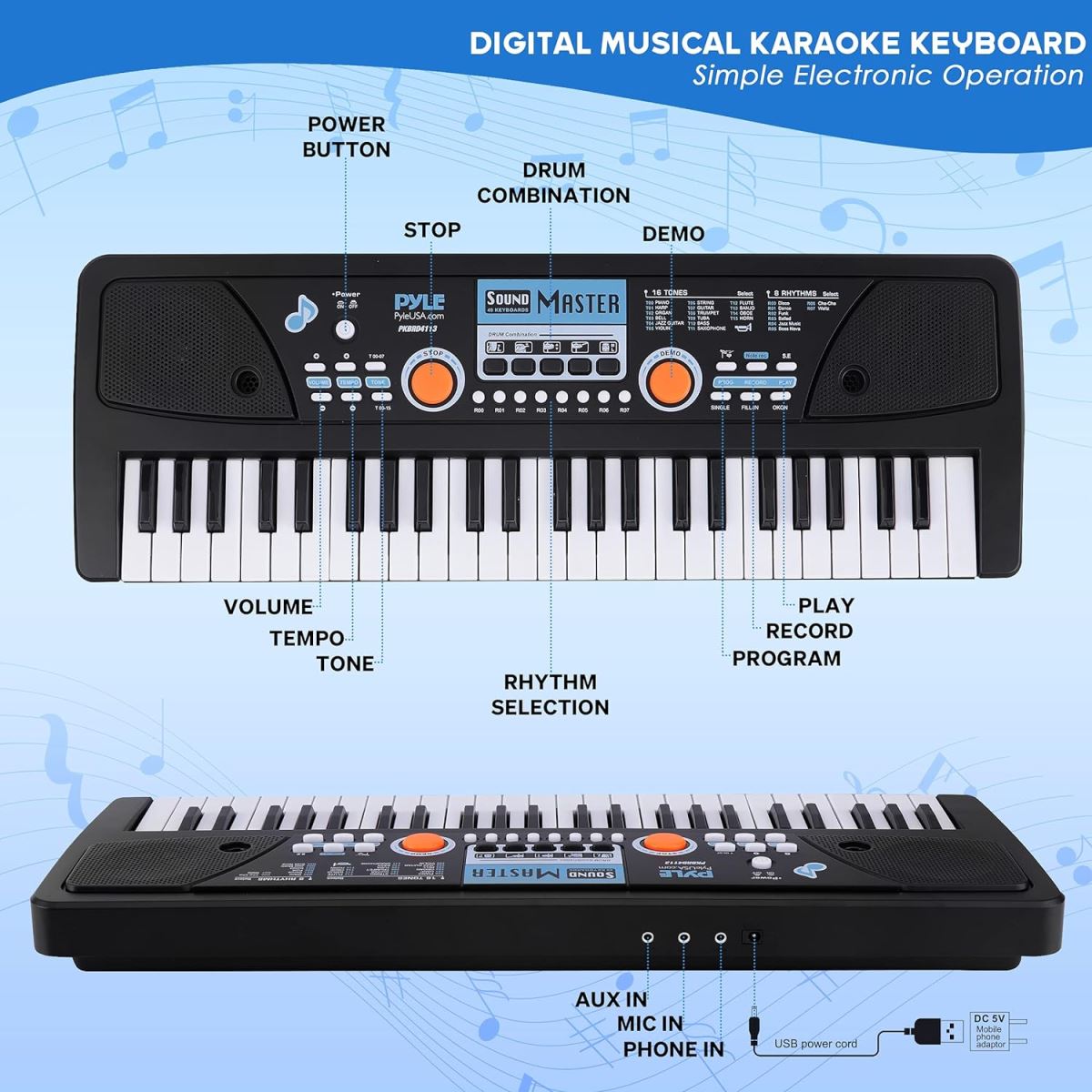 Teclado de piano portátil y micrófono