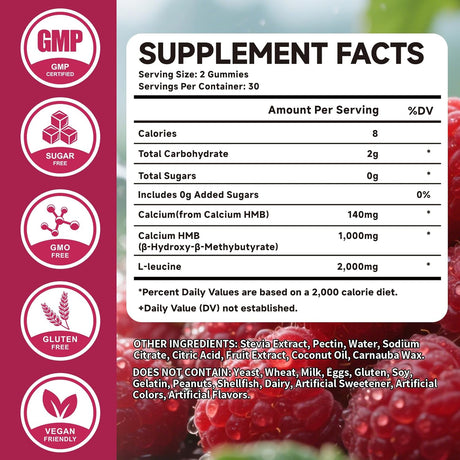 Gummies de HMB y Leucina 3000mg, Sin Azúcar, Vegan, 60u