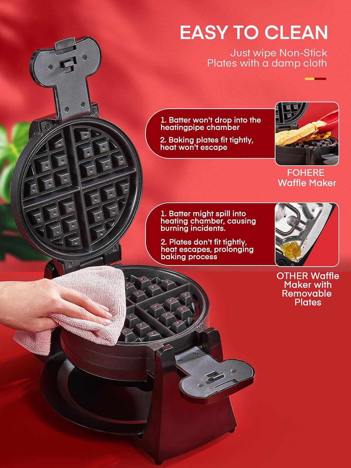 Máquina de Waffles, 1400W, Placas Antiadherentes, Modelo 180°