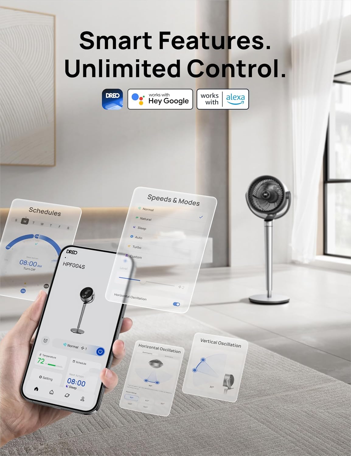 Ventilador oscilante Dreo, 9 velocidades, control inteligente