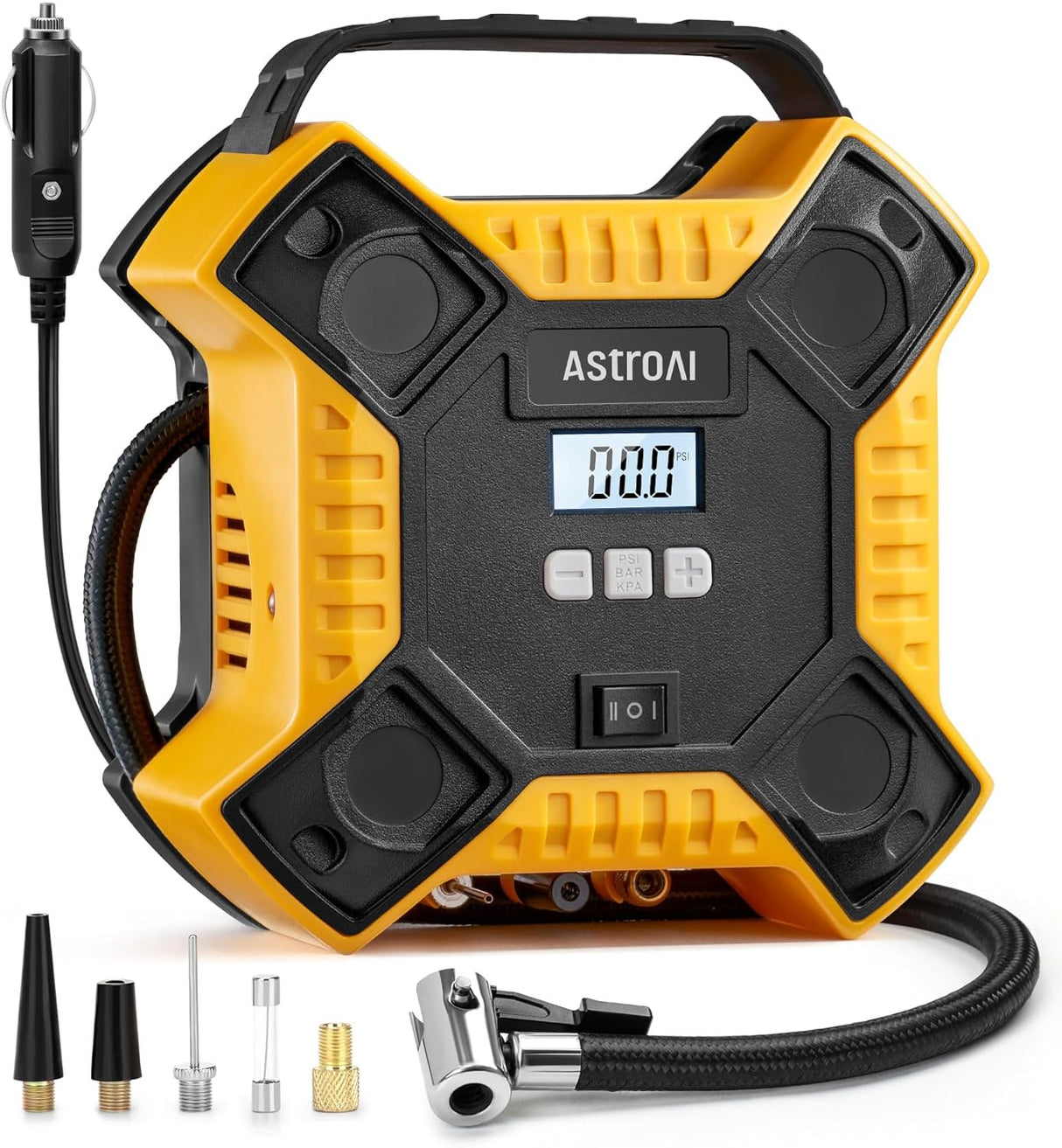 AstroAI Compresor de aire inflador de neumáticos bomba de aire portátil para neumáticos de coche, bomba de neumático de estructura metálica integrada de 12 V DC, 160 PSI con luz LED para coches, bicicletas, motocicletas y otros inflables (color amarillo)