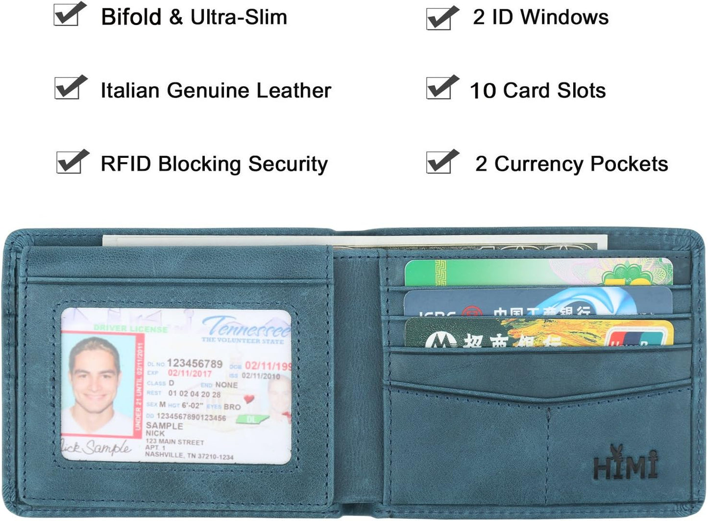 Billetera Hombre Cuero RFID Bloqueo Bifold 2 Ventanas ID