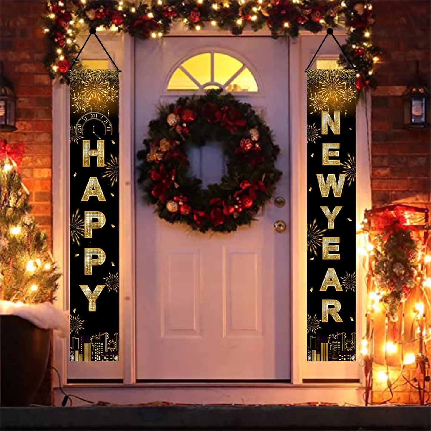 Banderas de Puerta Feliz Año Nuevo - Decoración 71x12 Pulgadas