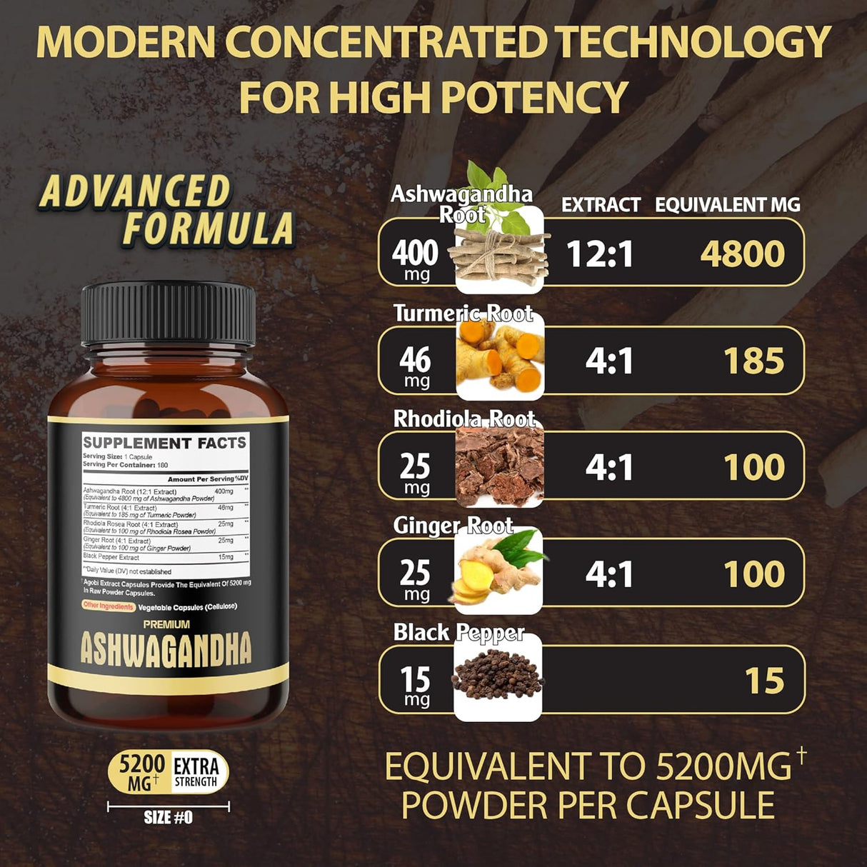 Suplementos Ashwagandha prémium 5 en 1 a 5200 mg en polvo