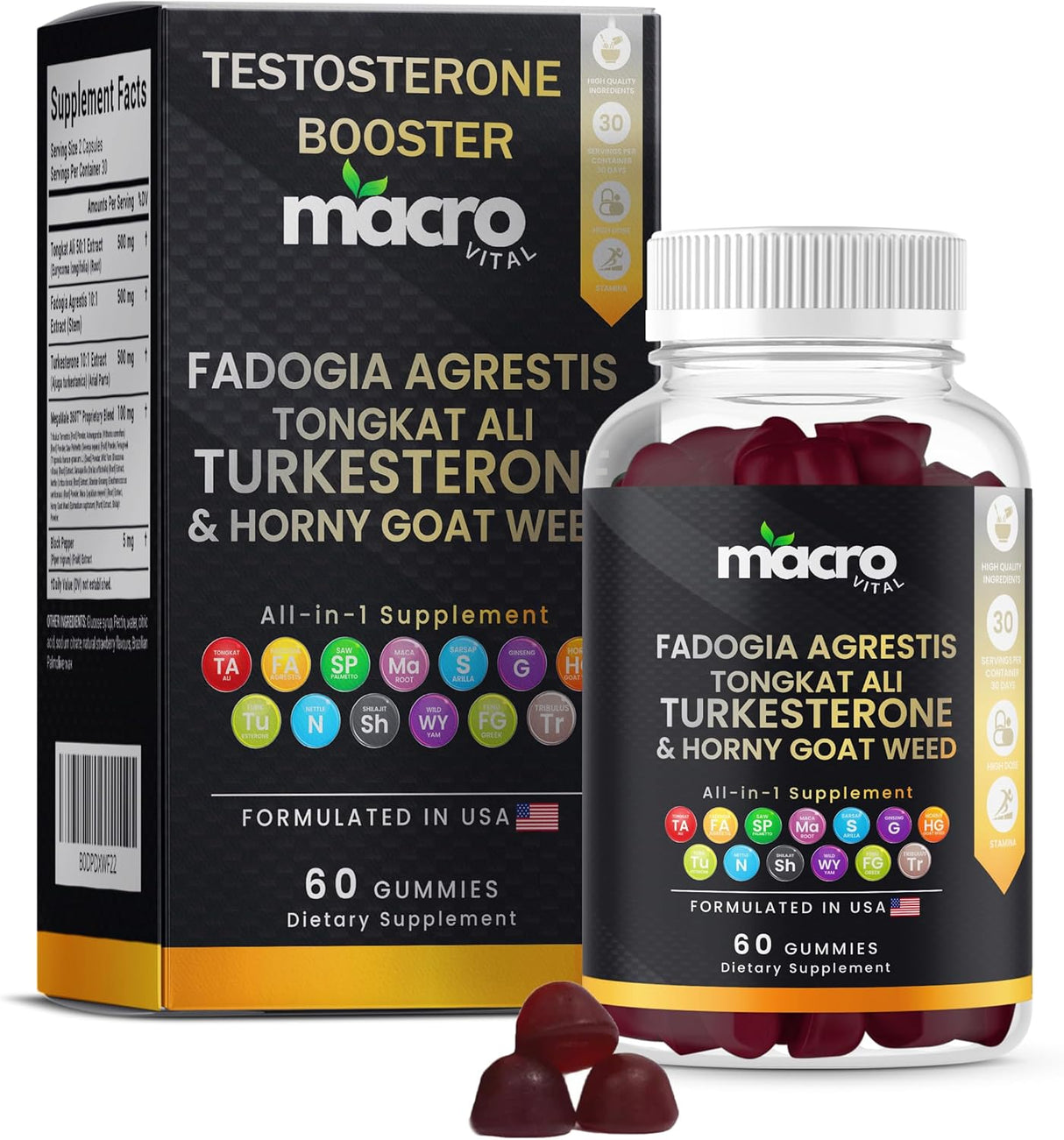 Suplemento de Testosterona Gummies Masculinos, 10x Fuerza, 60u