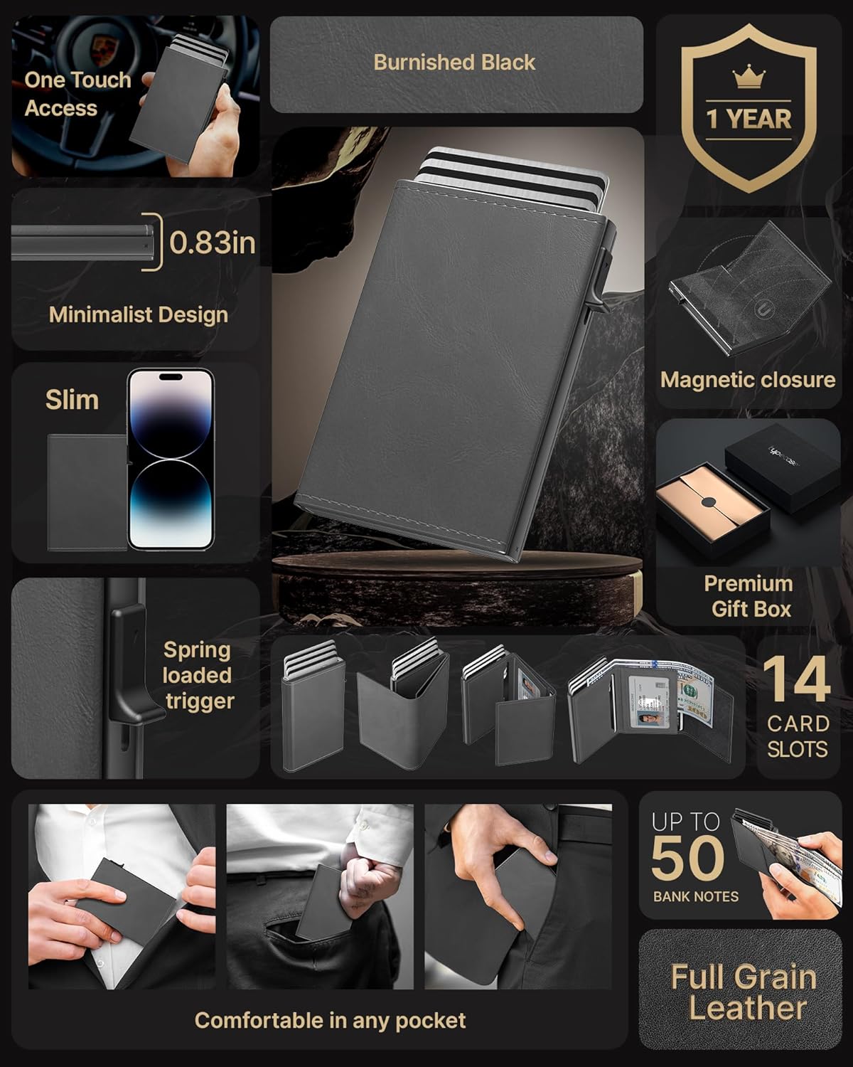 Billetera Mens Wallet: Funda Aluminio, RFID, Slim, Modelo Pop Up