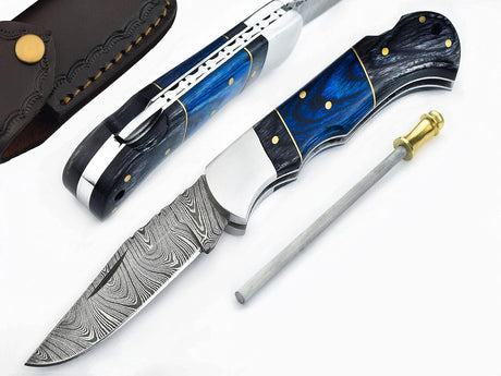 Cuchillo de bolsillo de Damasco para hombre azul