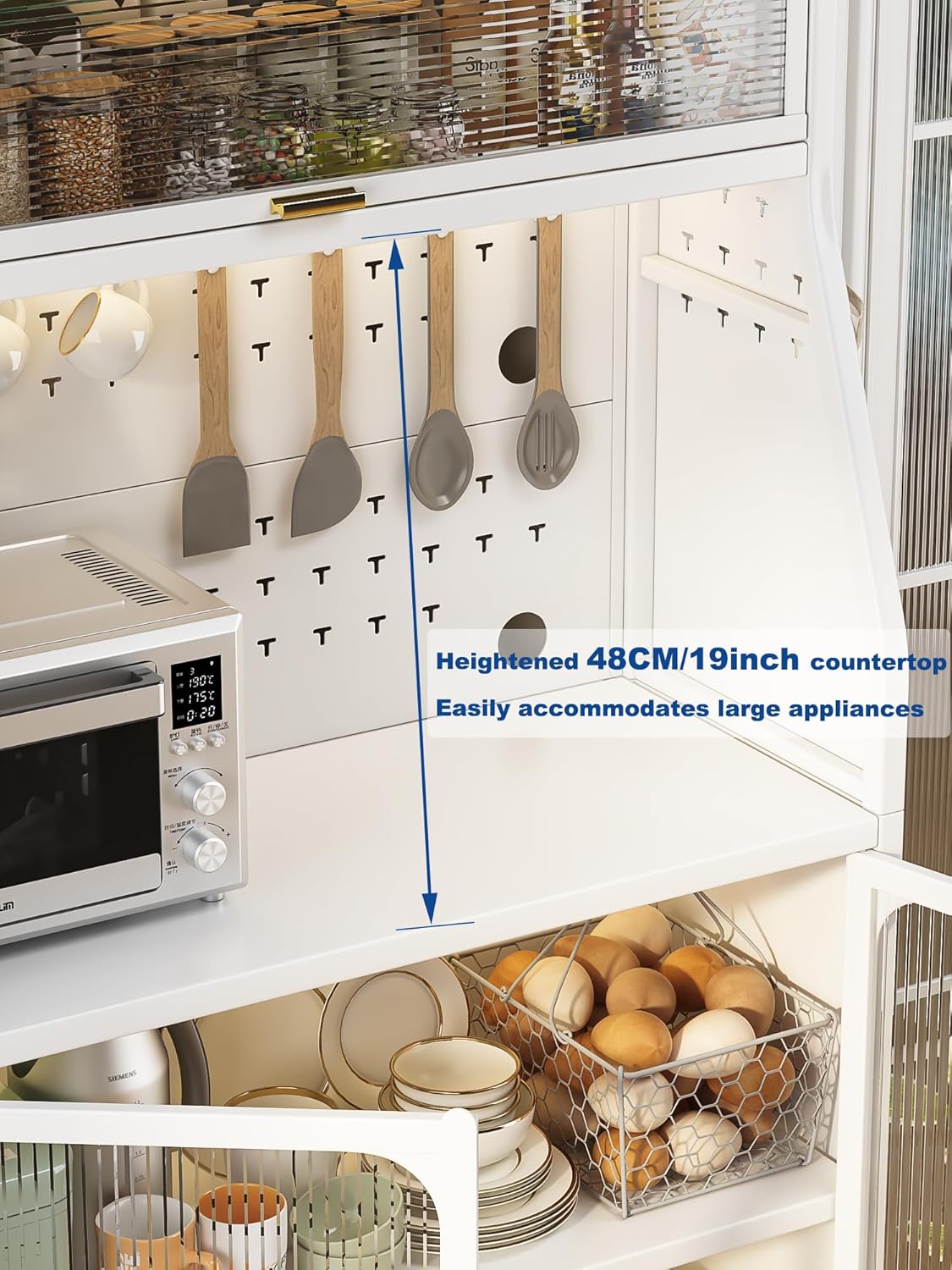Estante de cocina para panadería con gabinete de puerta, soporte de microondas de 5 niveles