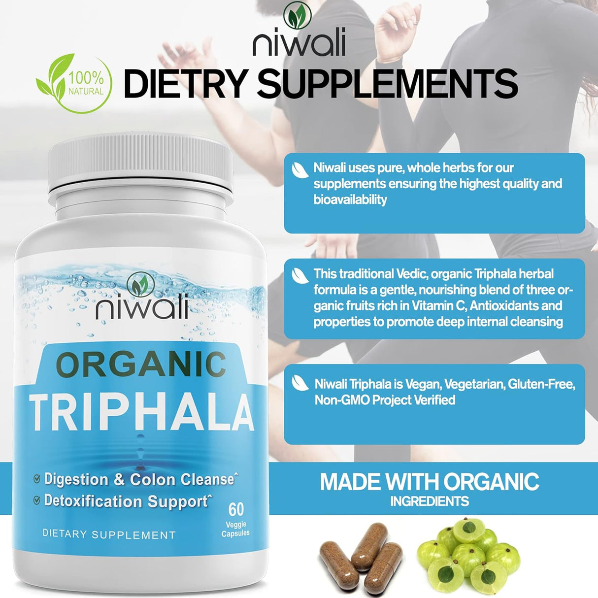Suplemento orgánico de hierbas Triphala Apoyo del colon 60u