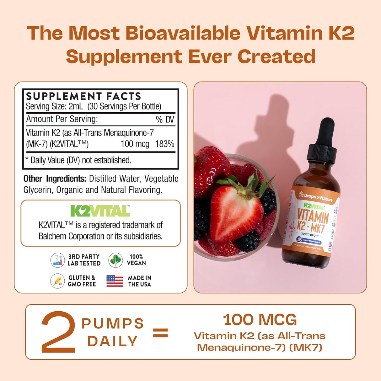 Suplemento líquido de K2 MK7, vegano, no GMO, 60ml