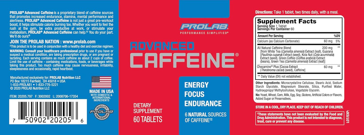 Tabletas de Cafeína ProLab Avanzadas, 60 Conteos, Suplemento