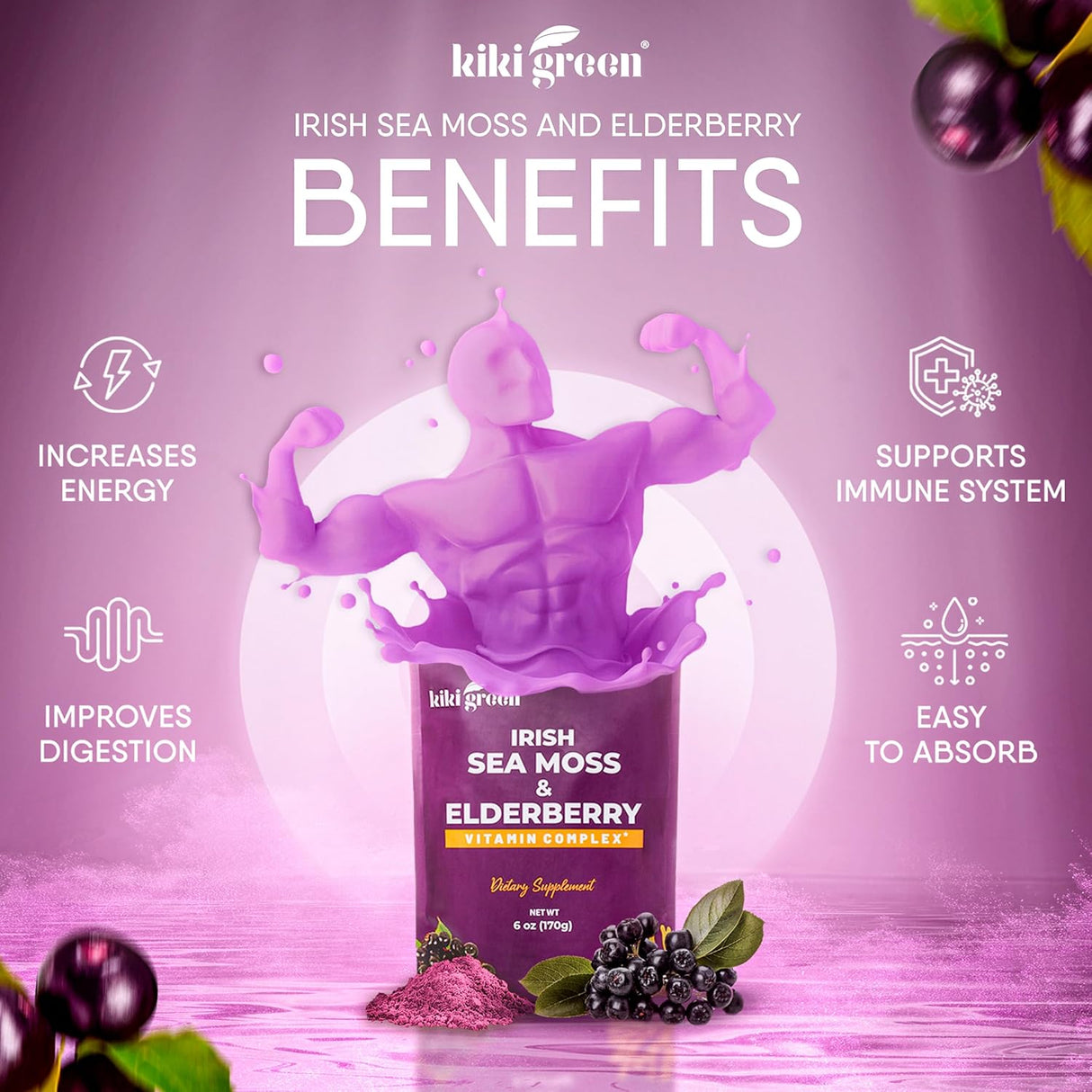 KIKI Green Sea Moss Powder con Elderberry - Suplemento Vegano 6 oz