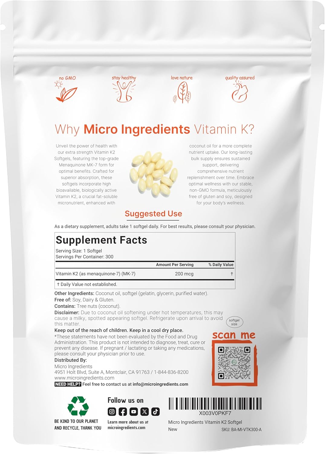 Micro Ingredients K2 MK-7 Suplemento, 200 mcg, 300 cápsulas