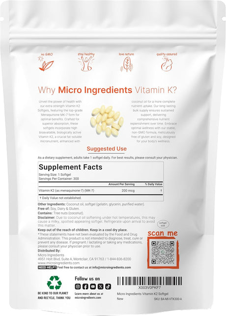 Micro Ingredients K2 MK-7 Suplemento, 200 mcg, 300 cápsulas