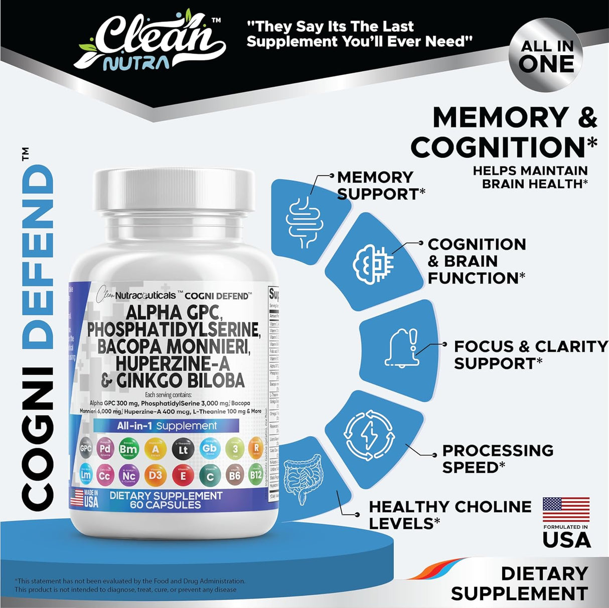 Suplemento de Nootrópicos con Alpha GPC, Bacopa, Ginkgo y Vitaminas