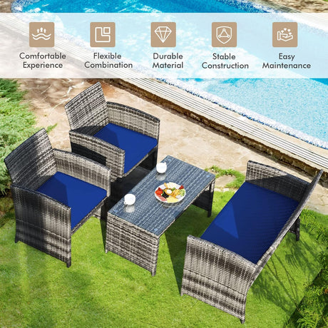 Goplus Juego de muebles de ratán de 4 piezas, sofá de conversación de mimbre para exteriores con cojines resistentes a la intemperie y mesa de vidrio templado para césped, patio, piscina, jardín (azul)