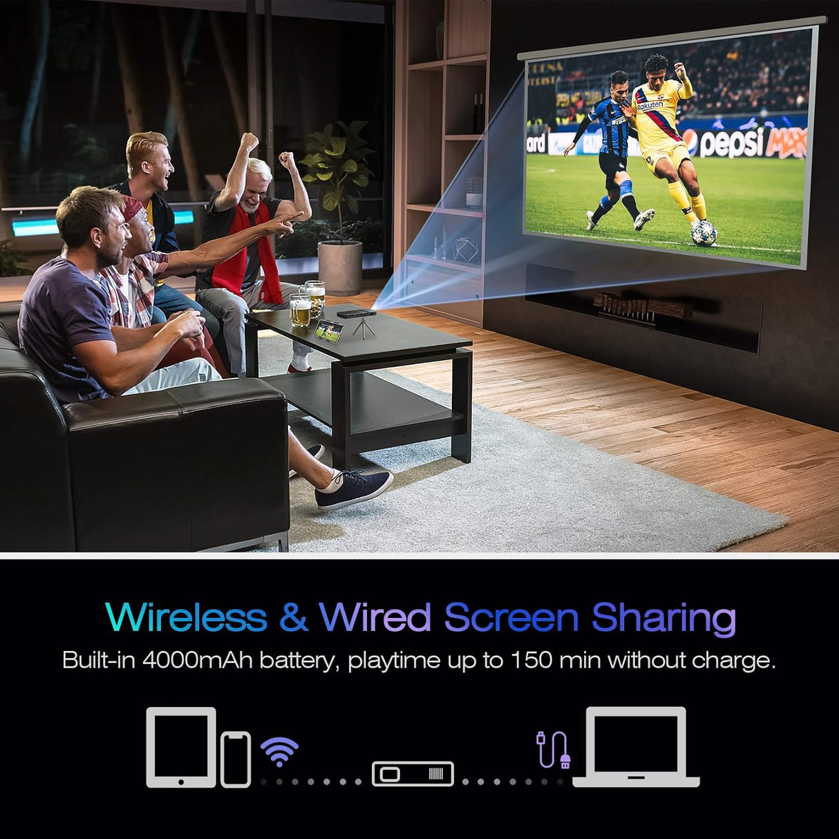 Proyector Mini AKASO DLP 1080P, WiFi, Batería, Control Remoto