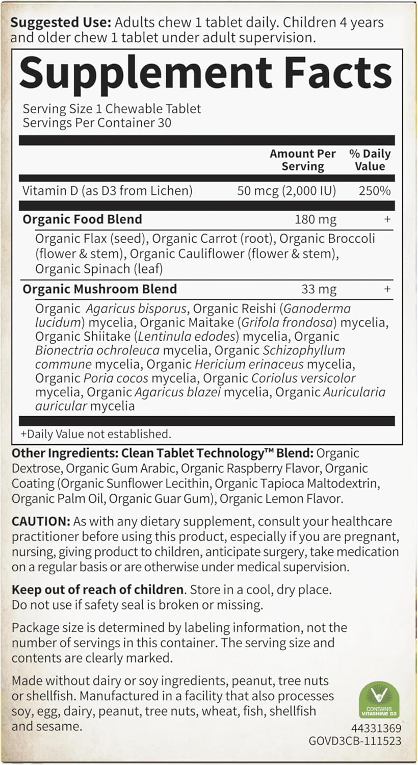 Vitamin D3 Vegano Masticable 2000 IU Garden of Life 30 Tablets