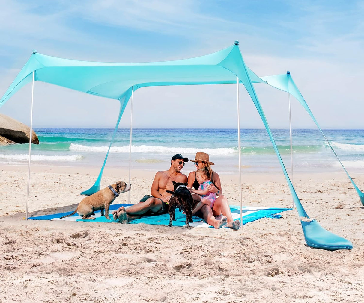 Tienda de playa con protección UPF50+, incluye accesorios