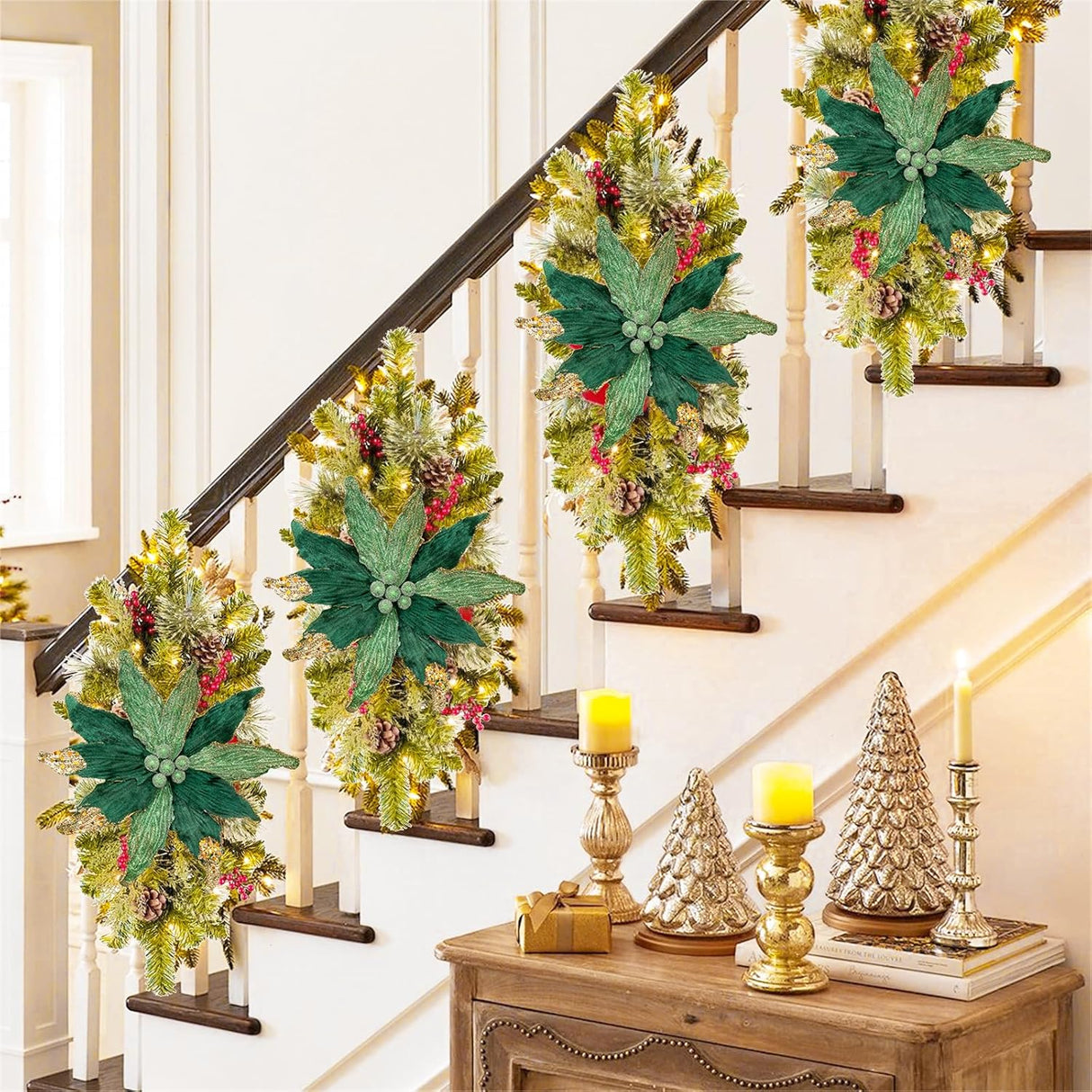 Flores Poinsettia Artificial Briful 12'' Set de 4 para Decorar