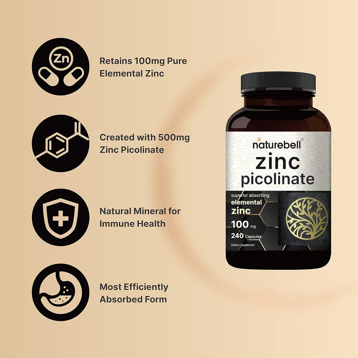 Suplementos Picolinato de zinc de alta potencia 100 mg  240u