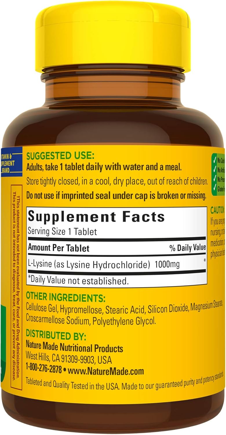L-Lisina 1000 mg, Suplemento Dietético, Nature Made, 60 Tablas
