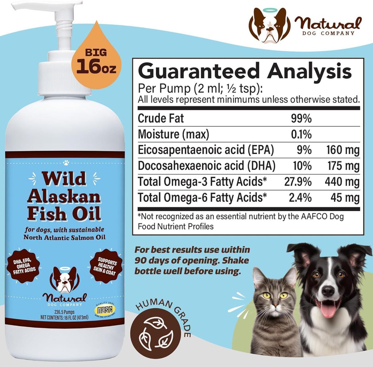 Natural Dog Company Aceite de pescado salvaje de Alaska para perros y gatos (16 onzas), mezcla de salmón salvaje y aceite de abadejo, Omega 3 EPA y DHA, reduce el desprendimiento, nutre la piel, el