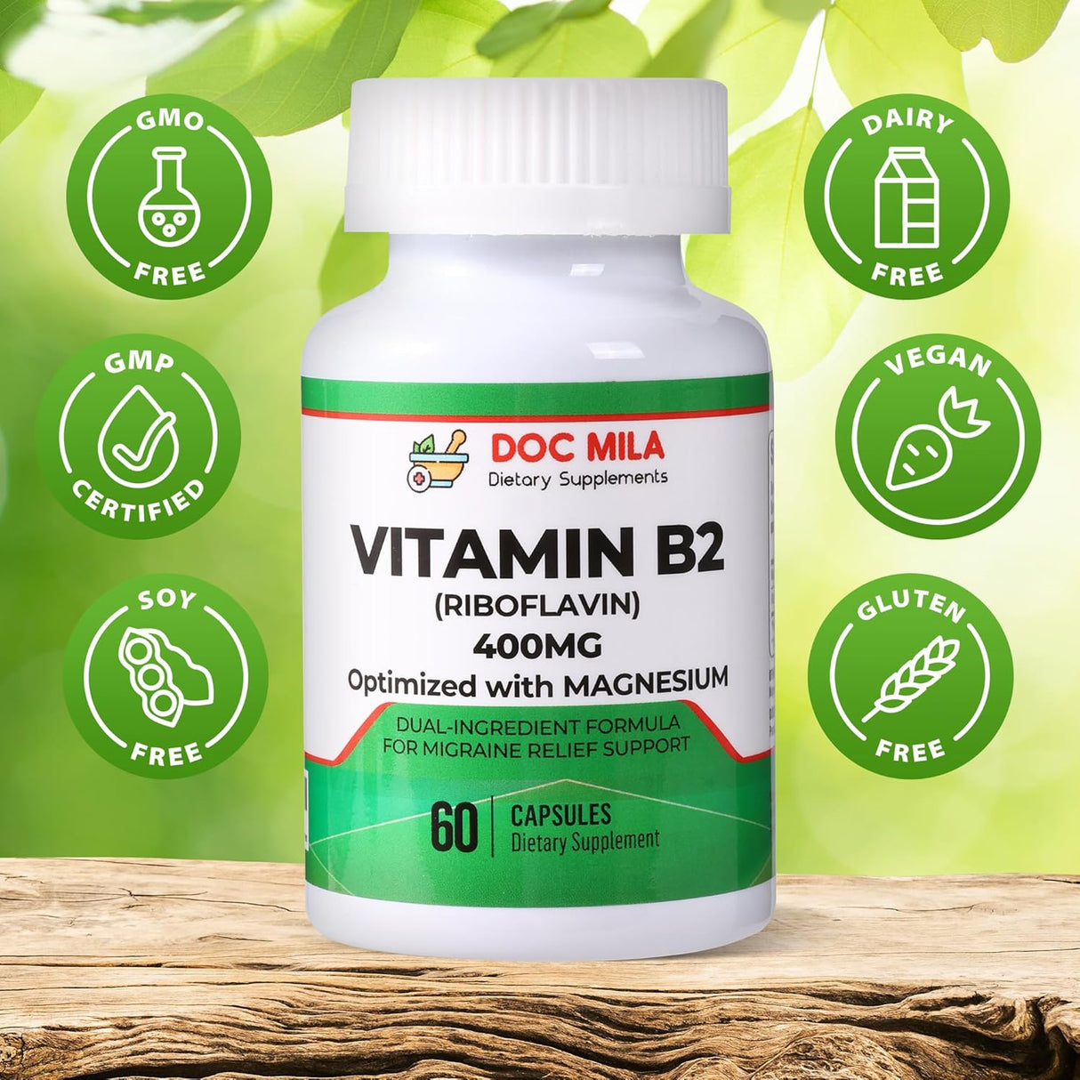 Suplemento de B2 Riboflavina 400mg – Alivio de migrañas, 60 cápsulas