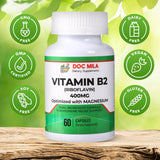 Suplemento de B2 Riboflavina 400mg – Alivio de migrañas, 60 cápsulas